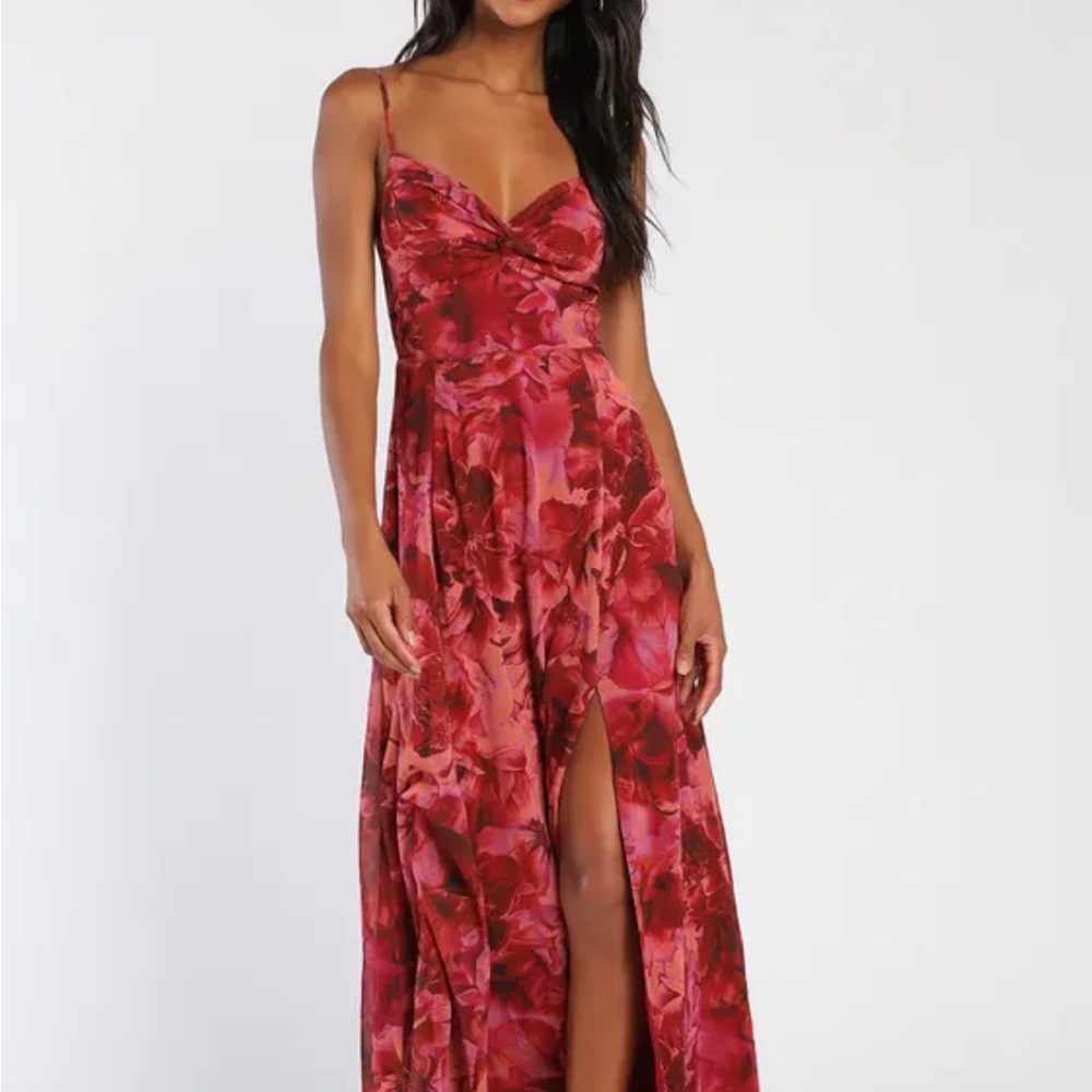 Burgundy Floral Print Twist-Front
Maxi Dress